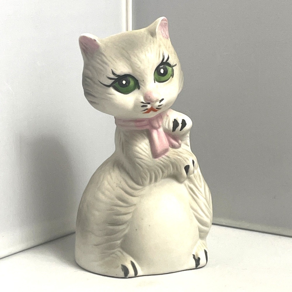 Vintage Kitty Cat Bell Gray Silver Tabby Persian Blue Eyes Pink Bow Porcelain